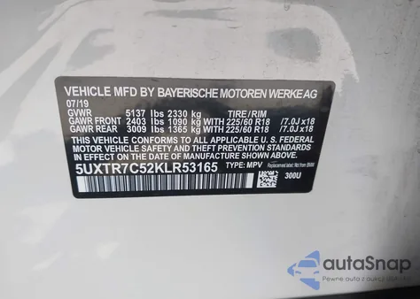 2019 BMW X3 Sdrive30I z USA, uszkodzony, nr VIN 5UXTR7C52KLR53165